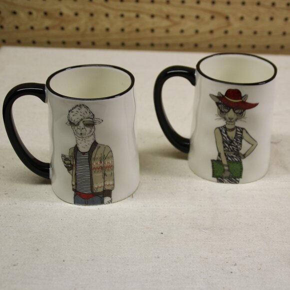Signature Housewares Mugs Animal Hipster Stoneware Set Of 2 - Cat and Llama - Picture 1 of 4
